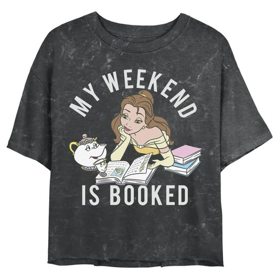 Junior's Beauty and the Beast Belle My Weekend Is Booked Crop Graphic Tee Black Mineral Wash Small