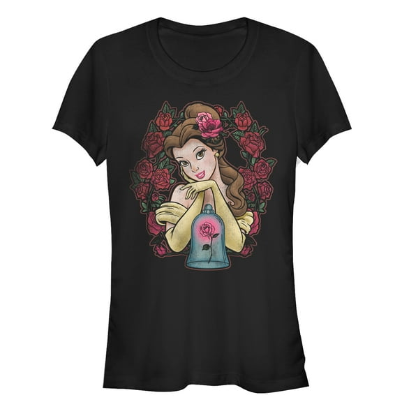 Junior's Beauty and the Beast Belle Rose Wreath  Graphic Tee Black X Large