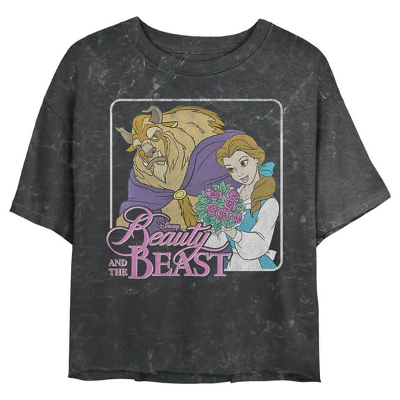 Junior's Beauty and the Beast Distressed Bouquet Frame Graphic Crop T-Shirt Black 2X Large