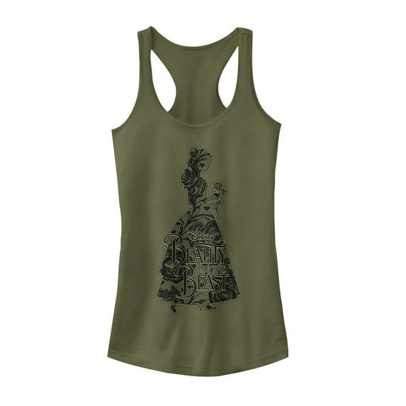 Junior's Beauty and the Beast Lace Print Racerback Tank Top Military Green Medium