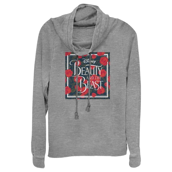 Junior's Beauty and the Beast Rose Logo  Cowl Neck Sweatshirt Gray Heather 2X Large
