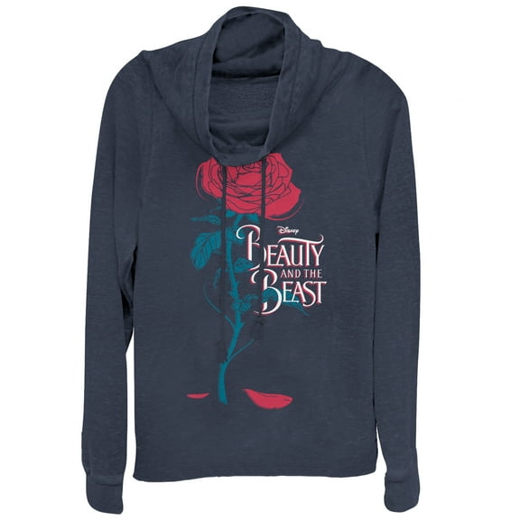 Junior's Beauty and the Beast Rose Petal Logo  Cowl Neck Sweatshirt Navy Blue Large