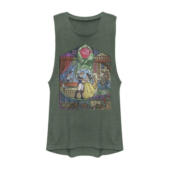 Junior's Beauty and the Beast Stained Glass  Festival Muscle Graphic Tee Pine Green Heather Medium