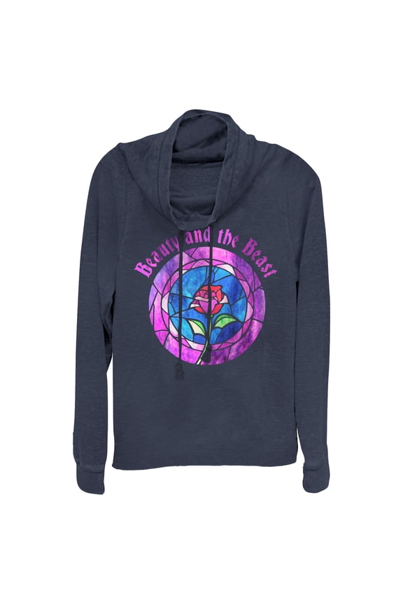 Junior's Beauty and the Beast Stained Glass Rose Cowl Neck Sweatshirt Navy Blue Medium