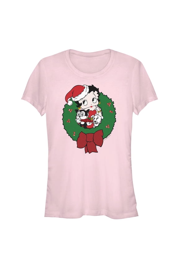 Junior's Betty Boop Christmas Characters Wreath Graphic Tee Light Pink 2X Large