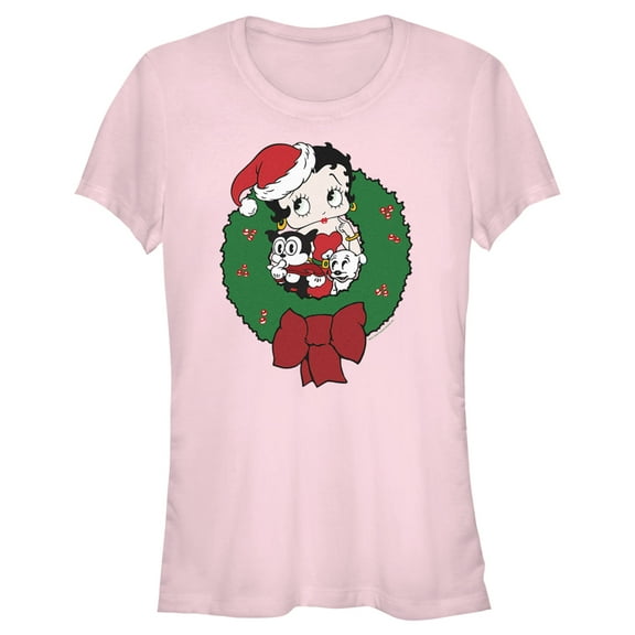 Junior's Betty Boop Christmas Characters Wreath Graphic Tee Light Pink Small