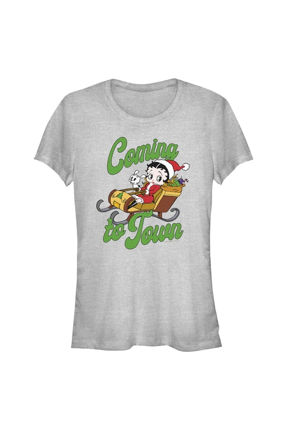 Junior's Betty Boop Christmas Coming to Town Pudgy  Graphic Tee Athletic Heather Small