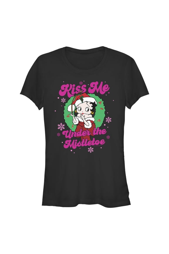 Junior's Betty Boop Christmas Kiss Me Under the Mistletoe Graphic Tee Black 2X Large