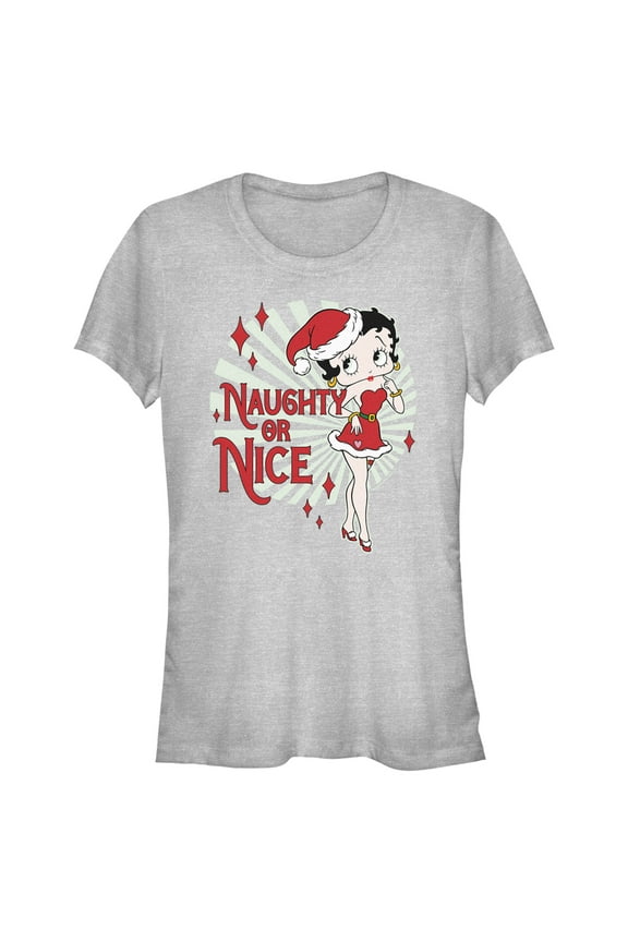 Junior's Betty Boop Christmas Naughty or Nice Betty Graphic Tee Athletic Heather Small