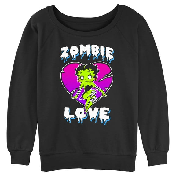 Junior's Betty Boop Halloween Green Zombie Love  Sweatshirt Black 2X Large