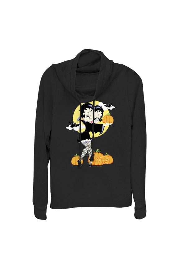 Junior's Betty Boop Halloween Pumpkins Cowl Neck Sweatshirt Black 3X Large