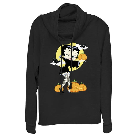 Junior's Betty Boop Halloween Pumpkins Cowl Neck Sweatshirt Black Medium