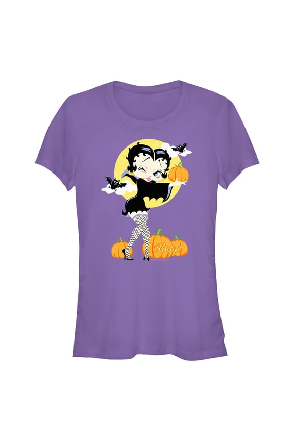 Junior's Betty Boop Halloween Pumpkins Graphic Tee Purple Medium
