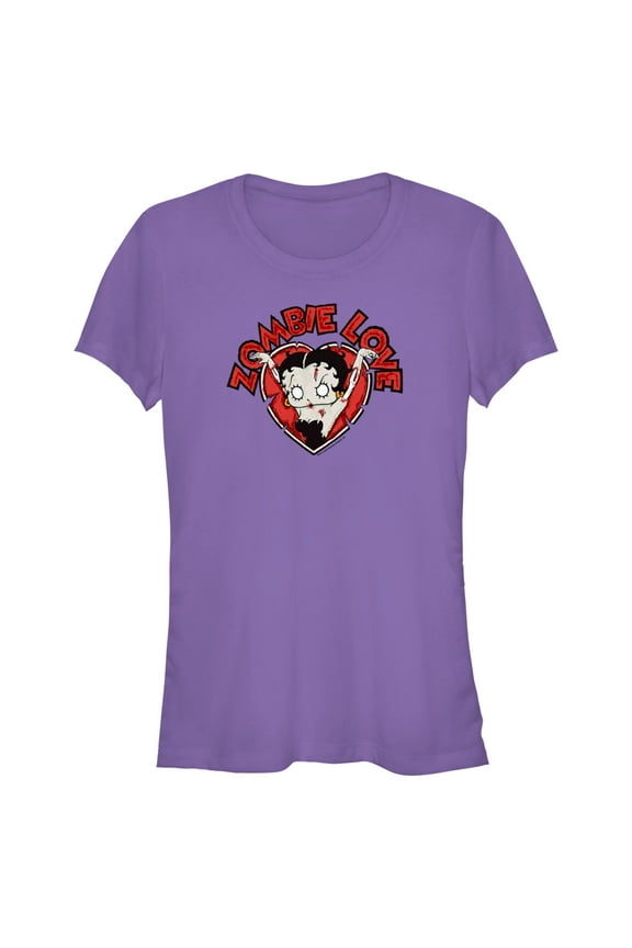 Junior's Betty Boop Halloween Zombie Love Heart  Graphic Tee Purple X Large