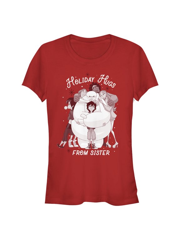Junior's Big Hero 6 Christmas Sister Hugs Graphic Tee Red Medium