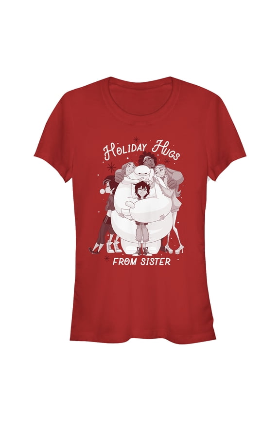 Junior's Big Hero 6 Christmas Sister Hugs  Graphic Tee Red Small