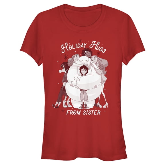 Junior's Big Hero 6 Christmas Sister Hugs Graphic Tee Red X Large