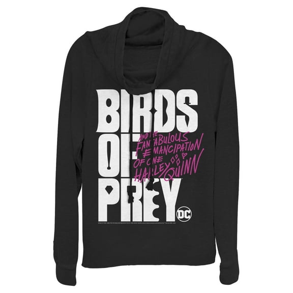 Junior's Birds of Prey Bold Text Logo Cowl Neck Sweatshirt Black Small