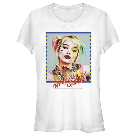 Junior's Birds of Prey Harley Quinn Blowing Kiss Graphic Tee White X Large