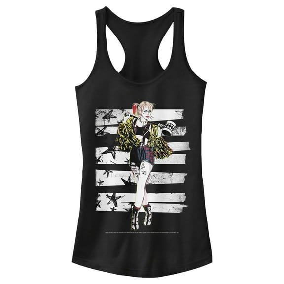 Junior's Birds of Prey Harley Quinn Comic Pose  Racerback Tank Top Black X Large