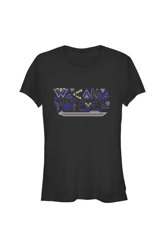 Junior's Black Panther: Wakanda Forever Yellow and Blue Pattern Logo Graphic Tee Black Medium