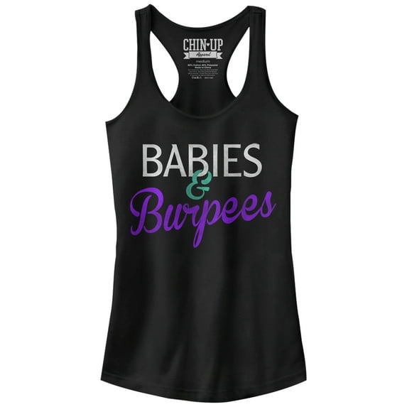 Junior's CHIN UP Babies and Burpees Racerback Tank Top Black Small