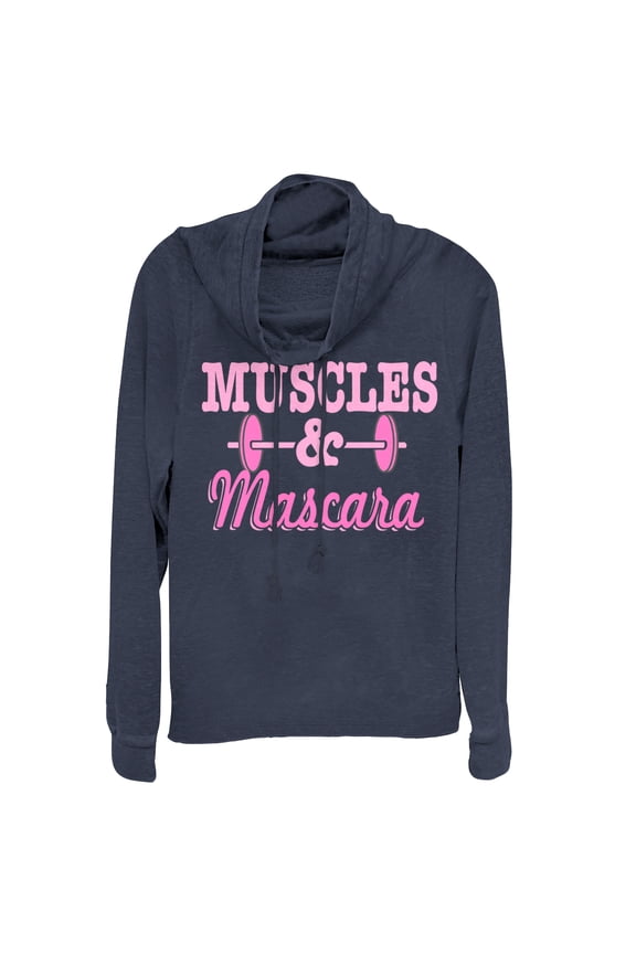 Junior's CHIN UP Barbell Muscles and Mascara Cowl Neck Sweatshirt Navy Blue Small