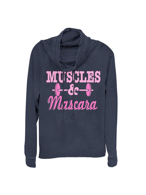Junior's CHIN UP Barbell Muscles and Mascara Cowl Neck Sweatshirt Navy Blue X Large