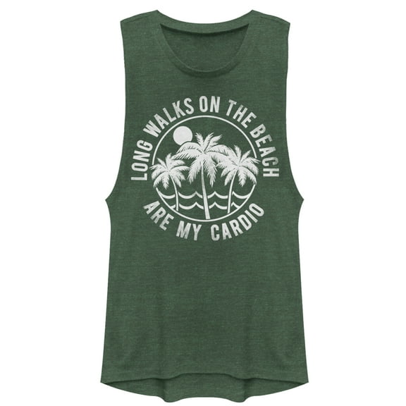 Junior's CHIN UP Beach Walks Are My Cardio Festival Muscle Graphic Tee Pine Green Heather Large