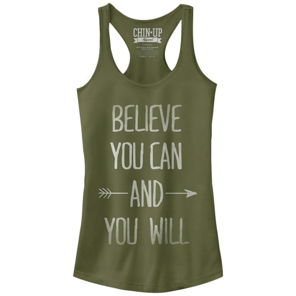 Junior's CHIN UP Believe You Can and You Will Racerback Tank Top Military Green X Large