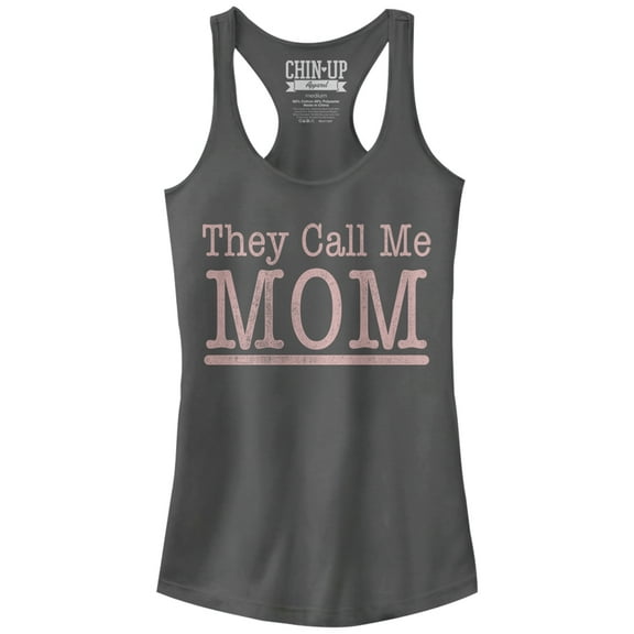 Junior's CHIN UP Call Me Mom  Racerback Tank Top Charcoal Small