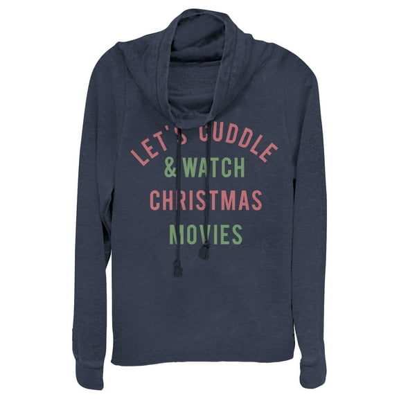 Junior's CHIN UP Christmas Cuddles & Movies  Cowl Neck Sweatshirt Navy Blue Large