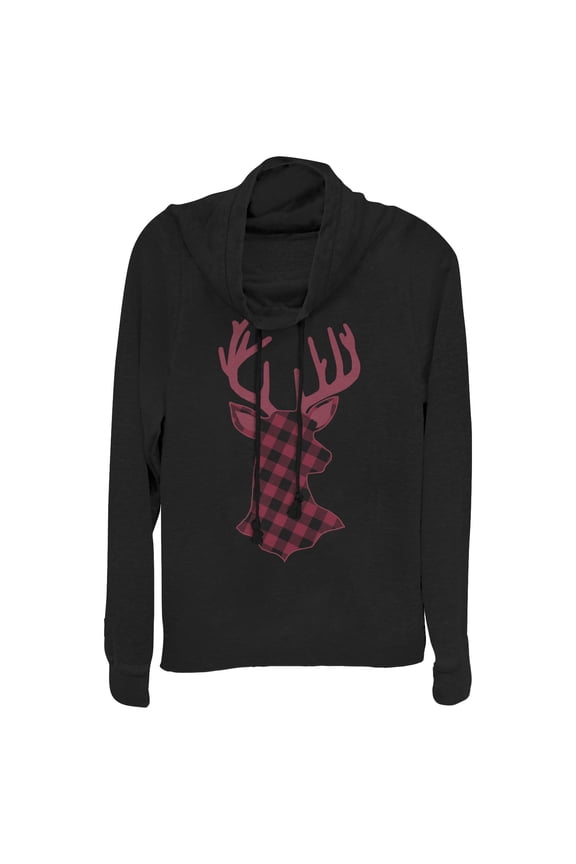Junior's CHIN UP Christmas Flannel Reindeer Print Cowl Neck Sweatshirt Black Medium