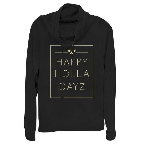 Junior's CHIN UP Christmas Happy Holla Dayz Cowl Neck Sweatshirt Black Medium