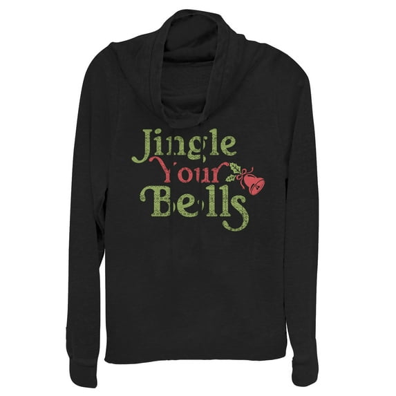 Junior's CHIN UP Christmas Jingle Your Bells Cowl Neck Sweatshirt Black Large