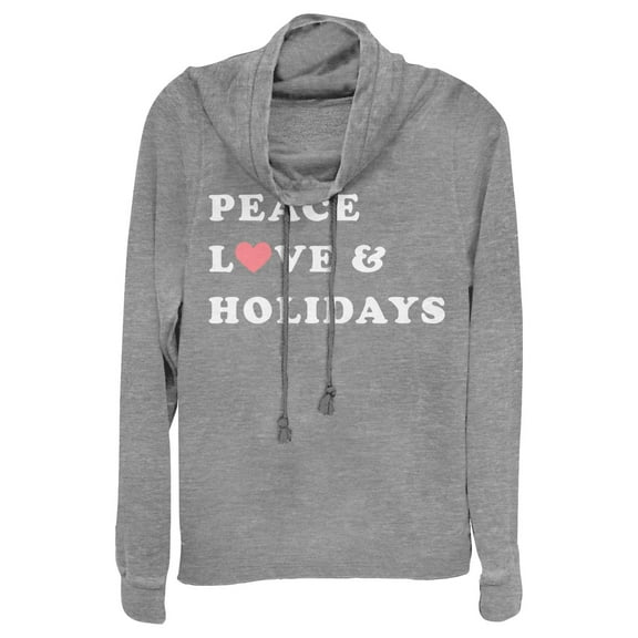 Junior's CHIN UP Christmas Peace & Love  Cowl Neck Sweatshirt Gray Heather Medium