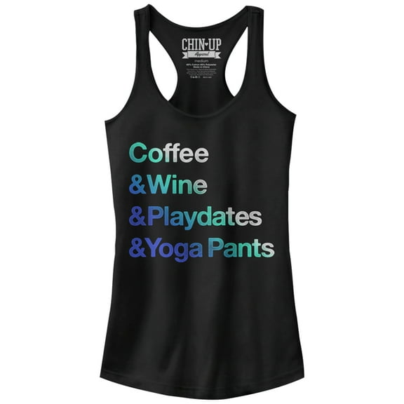 Junior's CHIN UP Coffee Wine Playdates Yoga Pants  Racerback Tank Top Black X Large