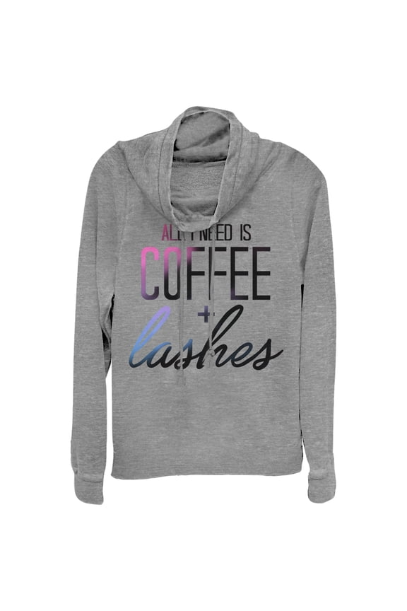 Junior's CHIN UP Coffee and Lashes Cowl Neck Sweatshirt Gray Heather Medium