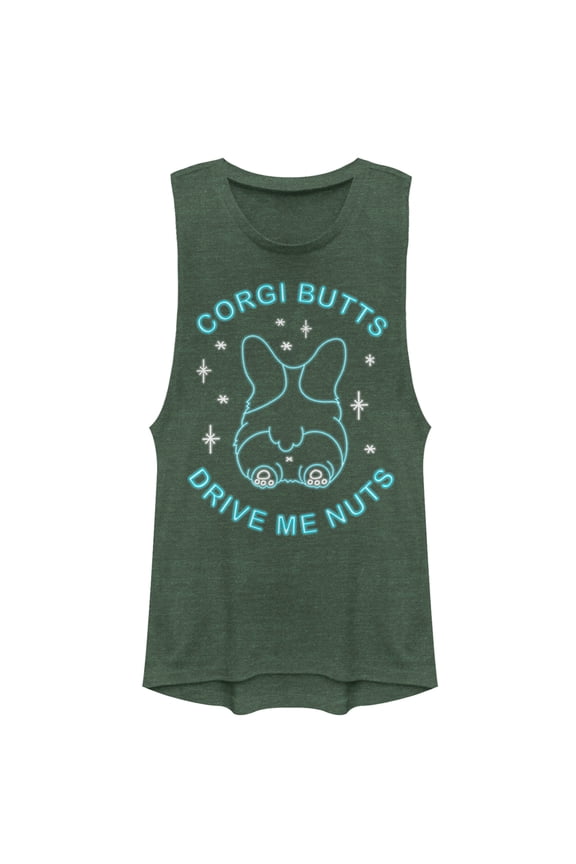 Junior's CHIN UP Corgi Butts Drive Me Nuts  Festival Muscle Graphic Tee Pine Green Heather X Small