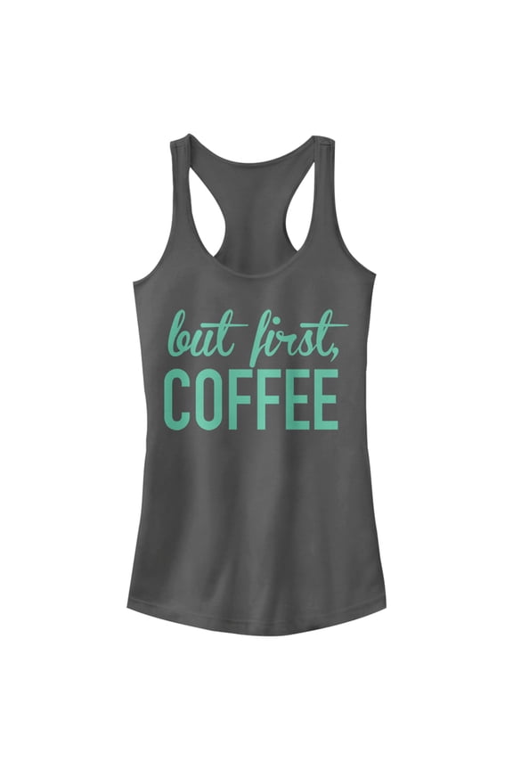 Junior's CHIN UP First Coffee Racerback Tank Top Charcoal Large