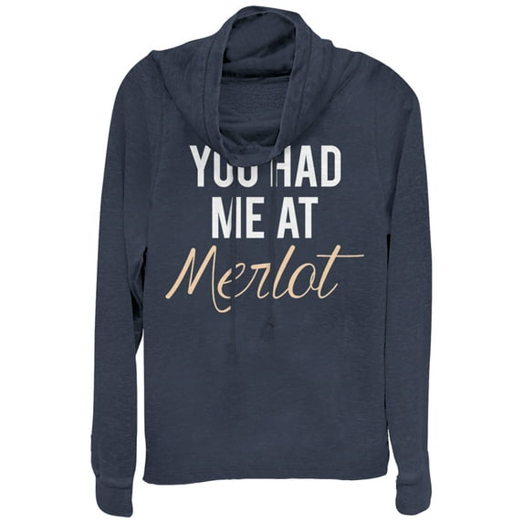 Junior's CHIN UP Had Me at Merlot Cowl Neck Sweatshirt Navy Blue X Large