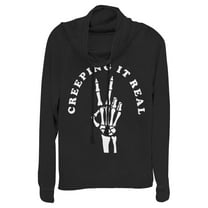 Junior's CHIN UP Halloween Creepin' Real Skeleton  Cowl Neck Sweatshirt Black X Small