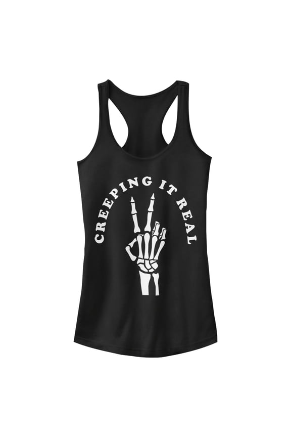 Junior's CHIN UP Halloween Creepin' Real Skeleton Racerback Tank Top Black Small
