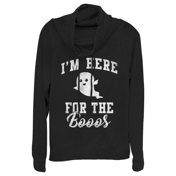 Junior's CHIN UP Halloween Ghost Here for Boos Cowl Neck Sweatshirt Black X Large