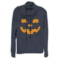thumbnail image 1 of Junior's CHIN UP Halloween Jack o' Lantern Face Cowl Neck Sweatshirt Navy Blue Large, 1 of 4