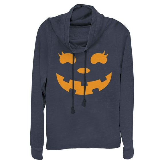 Junior's CHIN UP Halloween Jack o' Lantern Face Cowl Neck Sweatshirt Navy Blue Large