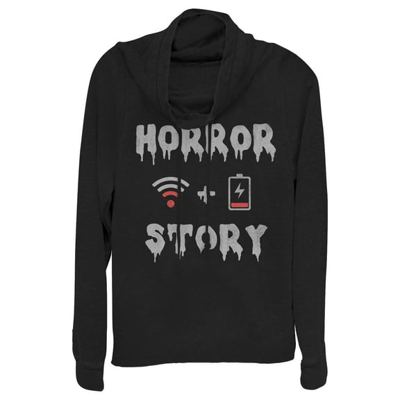 Junior's CHIN UP Halloween WIFI Horror Story  Cowl Neck Sweatshirt Black Medium