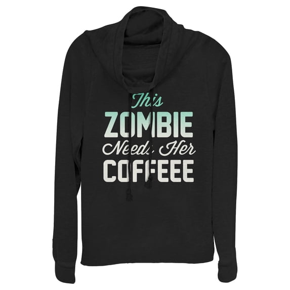 Junior's CHIN UP Halloween Zombie Needs Coffee Cowl Neck Sweatshirt Black 2X Large