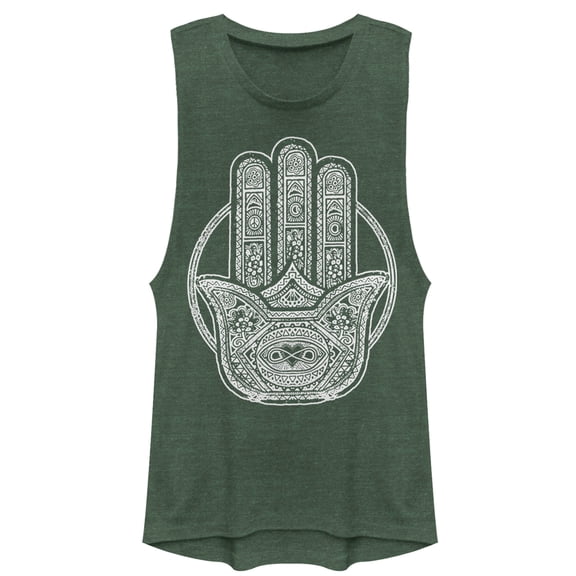 Junior's CHIN UP Hamsa Hand Festival Muscle Graphic Tee Pine Green Heather Large