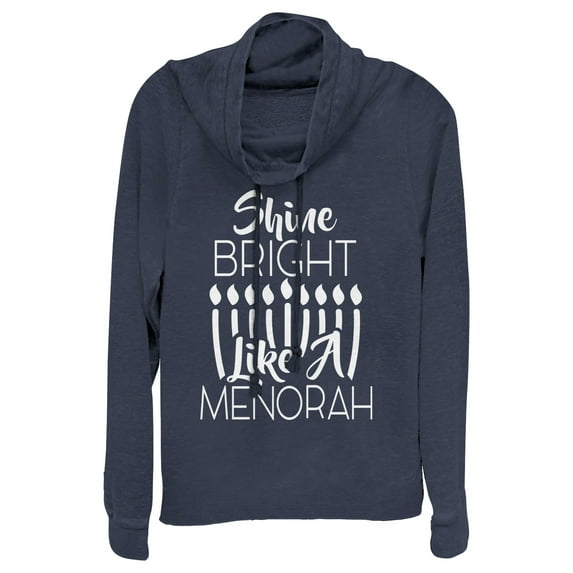 Junior's CHIN UP Hanukkah Bright Menorah Cowl Neck Sweatshirt Navy Blue Small